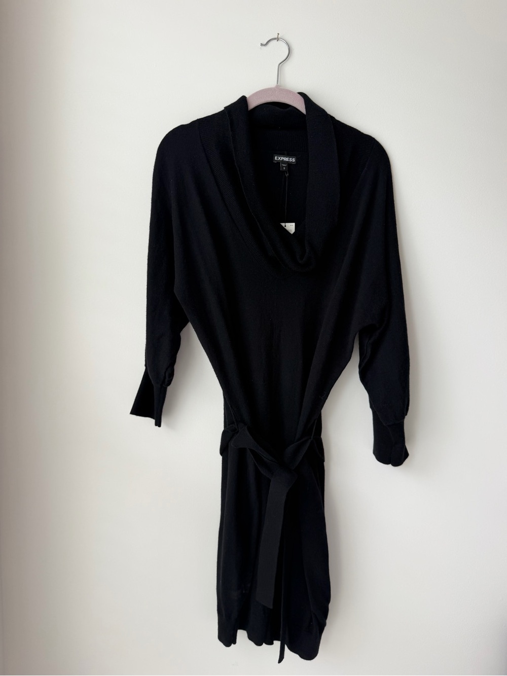 Express Black Cowl Neck Tie-Waist Sweater Dress